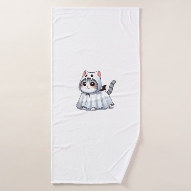 Gato con traje fantasma para Halloween (Toalla de baño)