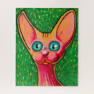 Gato curioso sin pelo en rompecabezas de pintura a
