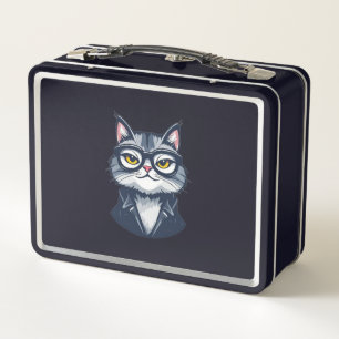 Gato Dapper en gafas y caja de almuerzo para ropa