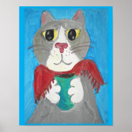 Gato De Arte Popular Gris Con Pintura De Café