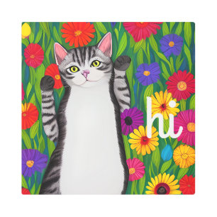 Gato de arte popular lindo diciendo hola entre las
