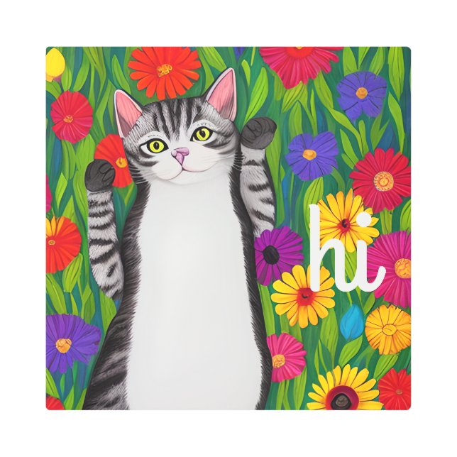 Gato de arte popular lindo diciendo hola entre las (Anverso)
