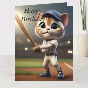 Gato de béisbol divertido en 3D, tarjeta de cumple
