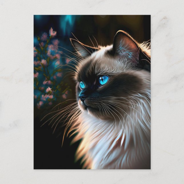 Gato de Birman en postal con aceites florales (Anverso)