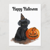 Gato de bruja con postal de calabaza