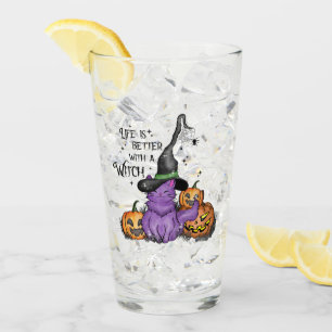 Gato de bruja morado con linternas Jack-O'