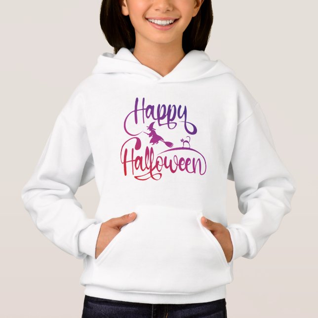 Gato de bruja voladora feliz gradiente de Hallowee (Anverso)