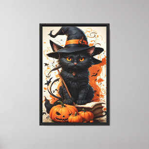Gato de bruja y calabazas enmarcadas arte en pared