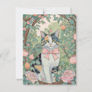 Gato de Calico con postal de flores