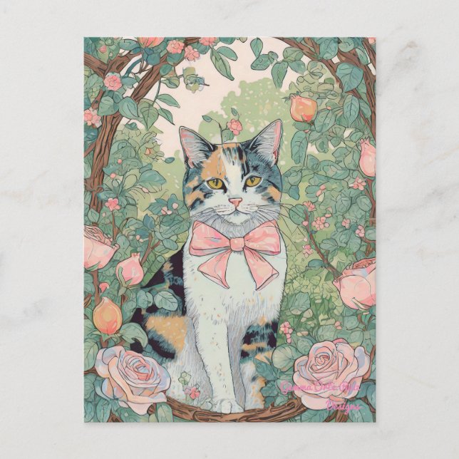 Gato de Calico con postal de flores (Anverso)