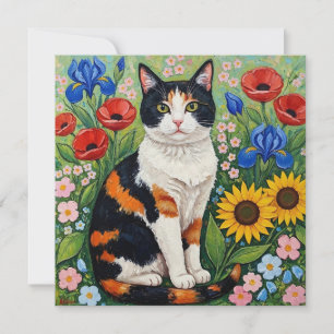 Gato de Calico y girasoles de arte popular