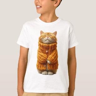 Gato de color naranja aconchado en suéter de punto