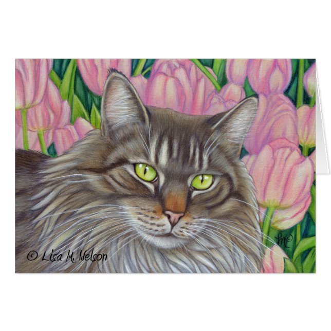Gato de Coon de Maine y tulipanes rosados (Anverso (Horizontal))