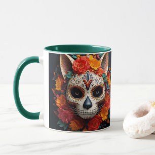Gato de cráneo de azúcar con jarra de flores