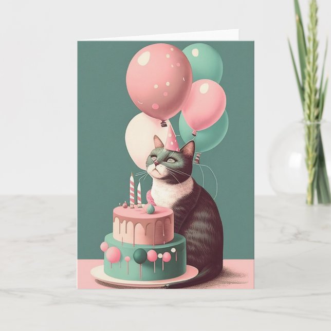 Gato de cumpleaños con Gorra Fiesta tarjeta de fel (Anverso)