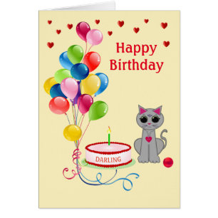 Gato de cumpleaños, corazones y globos multicolore