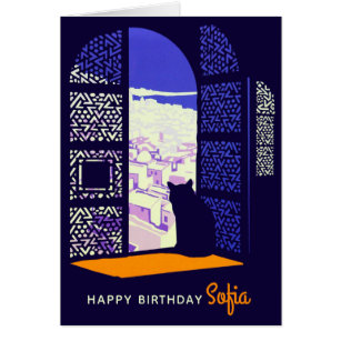 Gato de cumpleaños en una ventana Tarjeta Casablan