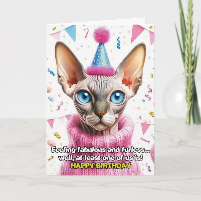 Gato de esfinge en tarjeta de cumpleaños de jumper (Anverso)
