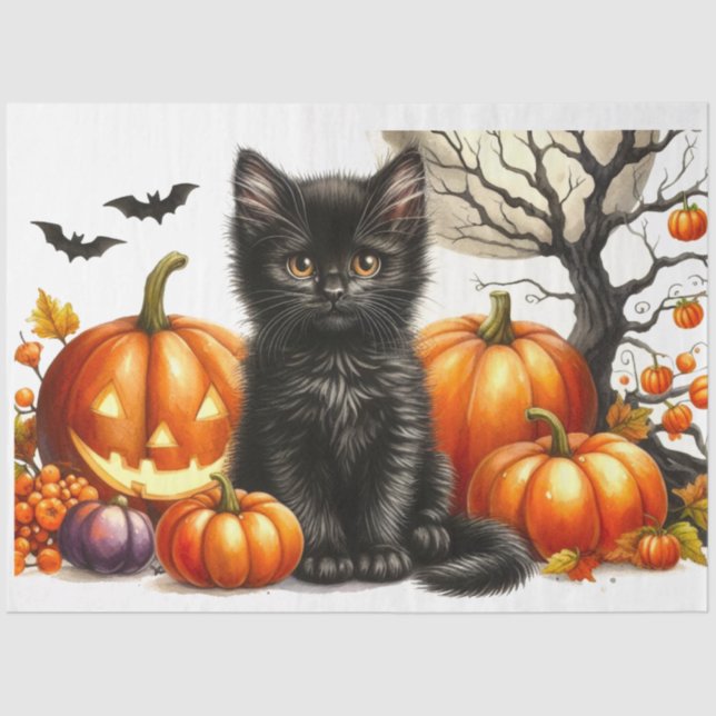 Gato de Halloween con papel de tejidos de descompo (Anverso)