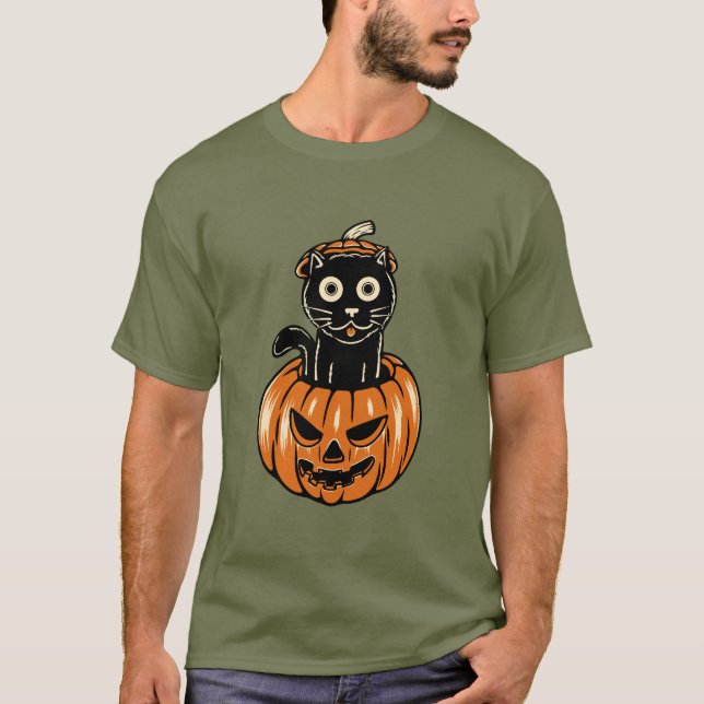 Gato De Halloween En Camiseta De Pumkin (Anverso)