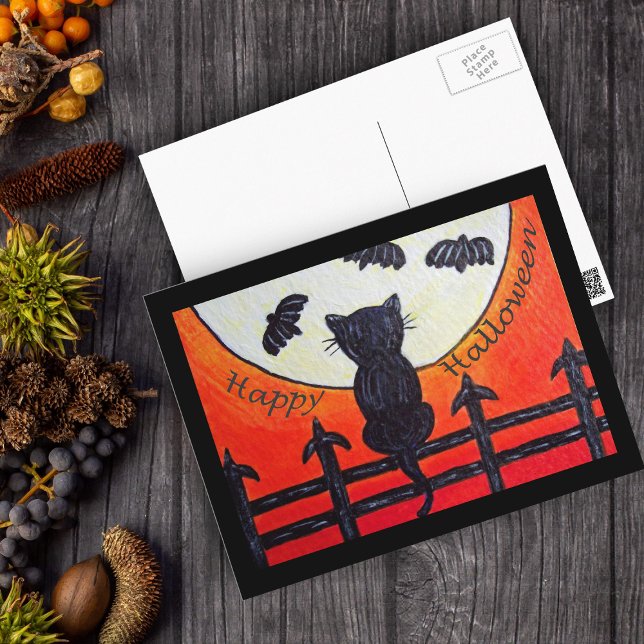 Gato de Halloween en una cerca en la postal de la  (Black Cat on fence full moon bats on Happy Halloween postcard.)