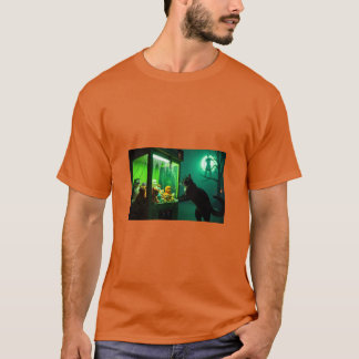 Gato de Halloween mirando la camiseta de la máquin