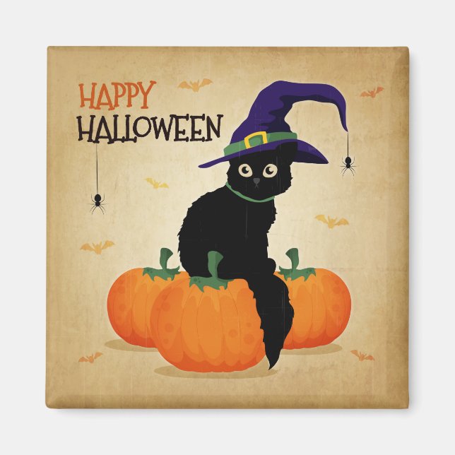 Gato de Halloween vintage y calabazas | Imán (Frente)