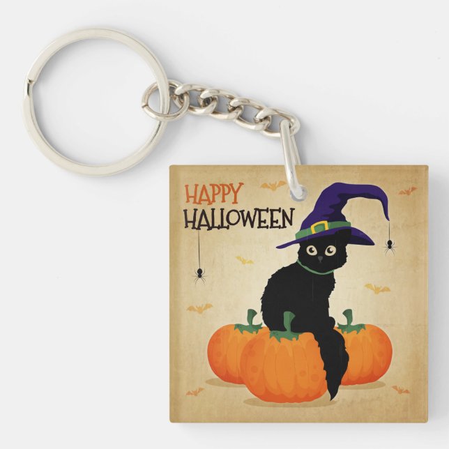 Gato de Halloween vintage y calabazas | Llavero (Frente)