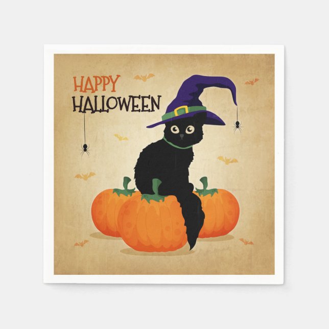 Gato de Halloween vintage y calabazas | Servilleta (Anverso)