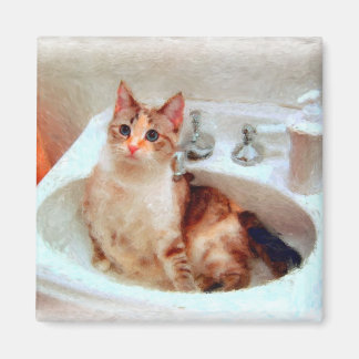 Gato de impresionista en un imán de cuenca rosada