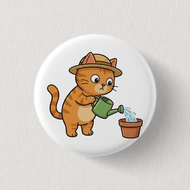 Gato de jardinería regando planta Botón (Anverso)