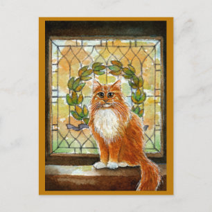 Gato de jengibre con postal de vidrio manchado de