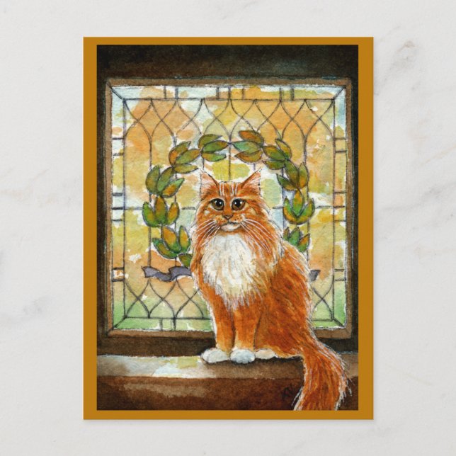 Gato de jengibre con postal de vidrio manchado de  (Anverso)