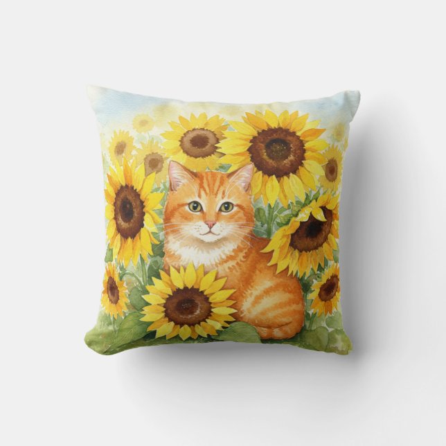 Gato de jengibre lindo con almohada de girasoles (Anverso)
