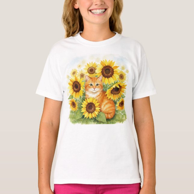 Gato de jengibre lindo girasoles niños camiseta (Anverso)