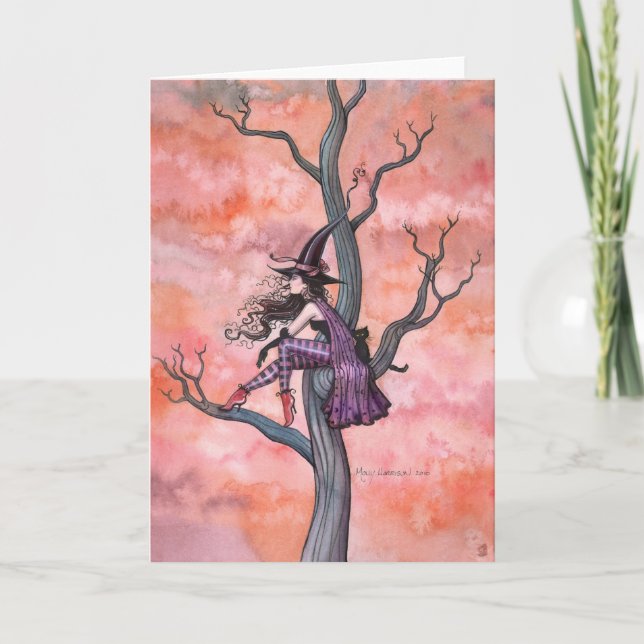 Gato de la bruja de la tarjeta de Halloween por (Anverso)