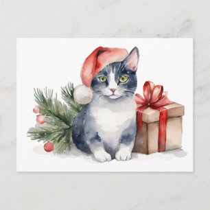 Gato de Navidad con regalo en acuarela
