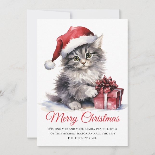 Gato de Navidades de acuarela - Tarjeta de vacacio (Anverso)