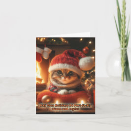 Gato de navidades frente a la tarjeta de saludo de