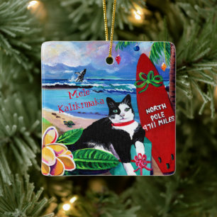 Gato de Navidades hawaianos en ornamento cerámico