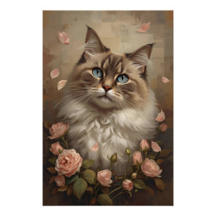 Gato de Ojos Azules con Rosas – Póster Floral Eleg