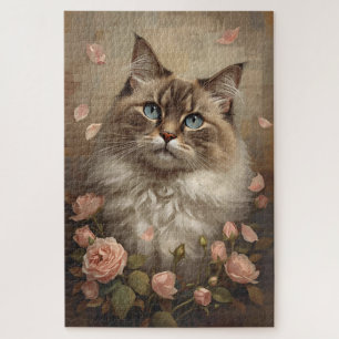 Gato de Ojos Azules con Rosas – Rompecabezas Flora