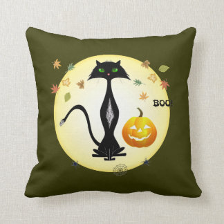 Gato de ojos verdes con la calabaza, almohada