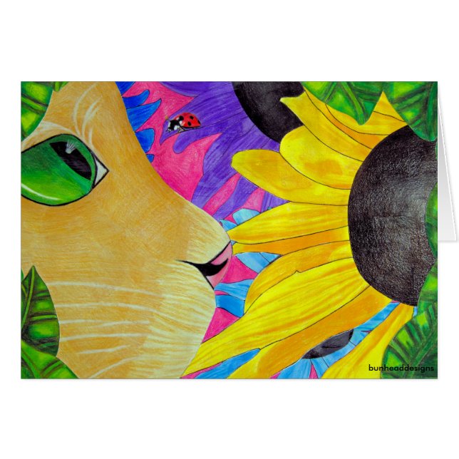 Gato de ojos verdes con la mariquita y la flor (Anverso (Horizontal))