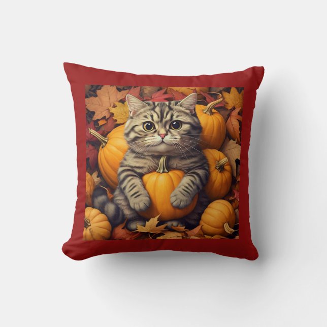 Gato de otoño con calabazas y Cojín decorativo de  (Anverso)