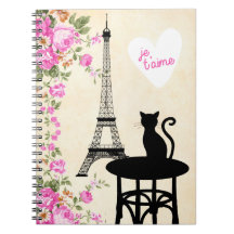 Gato de París Je T'aime y cuaderno de la torre