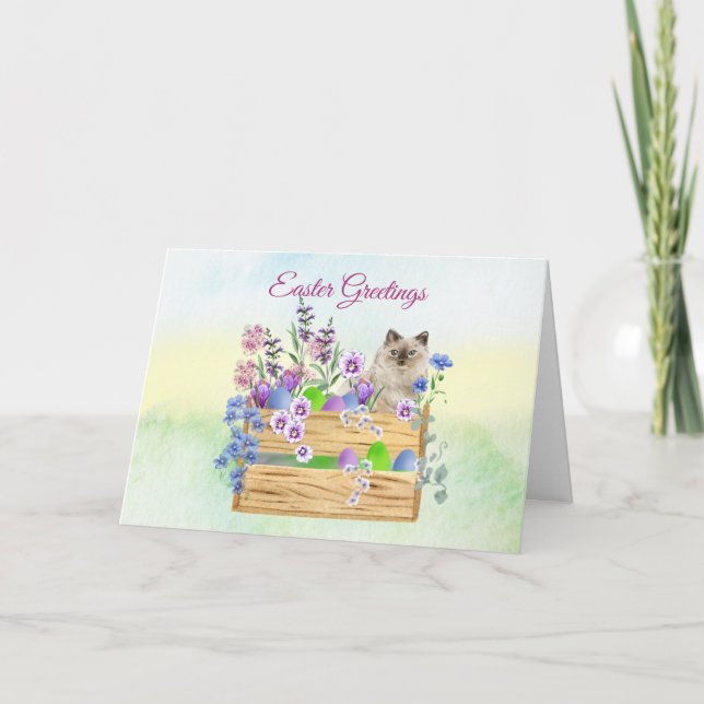 Gato de Pascua con Flores Azules y Tarjeta de Pasc (Anverso)