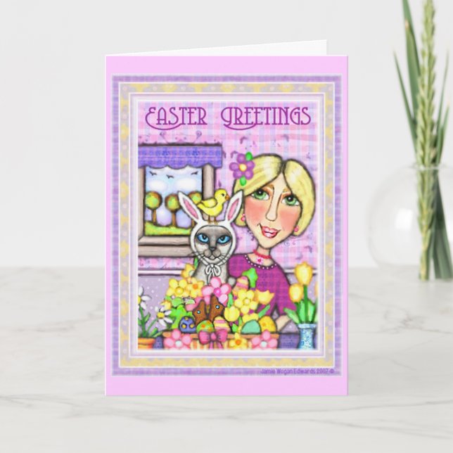 Gato de Pascua en cesta y tarjeta de la señora (Anverso)