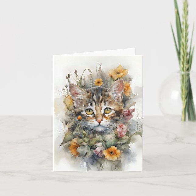Gato de pelo gris tabby con flores Tarjeta de feli (Anverso)