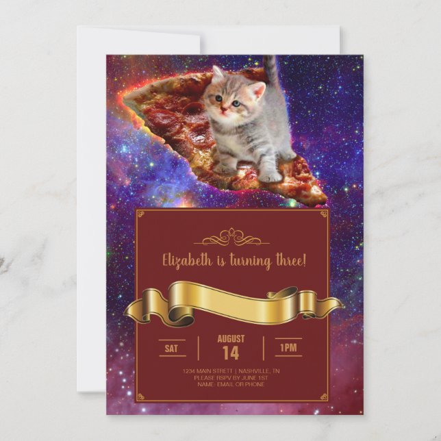 Gato de pizza en el espacio graciosa invitación (Anverso)